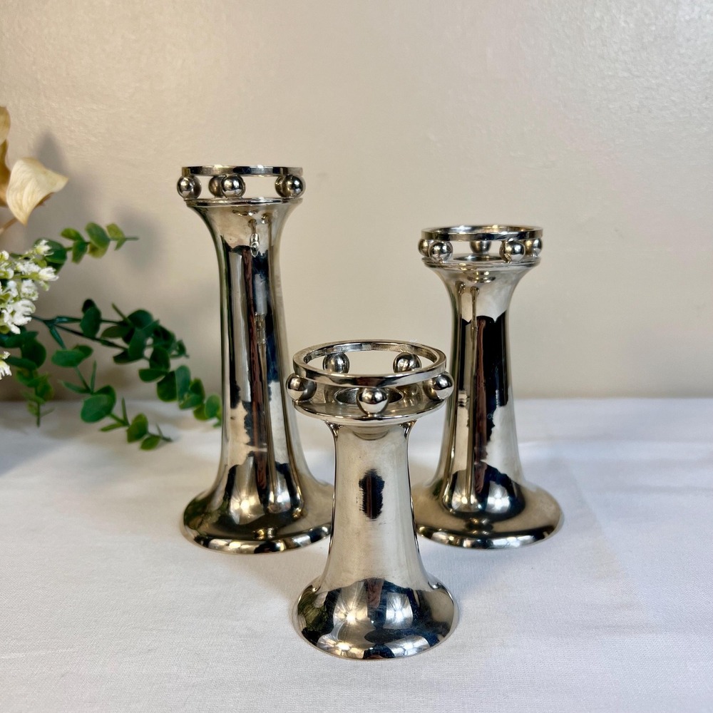Vintage MCM Silver Plated Ball Candlestick Holders | RARE | Set of 3